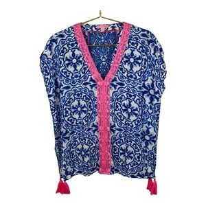 Lilly Pulitzer Blue Pink Tassel Tunic‎ Size XXS/XS  100% Rayon 14301